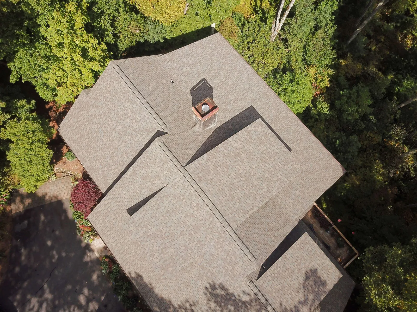 Architectural shingle roof documented by drone after completion in Western North Carolina
